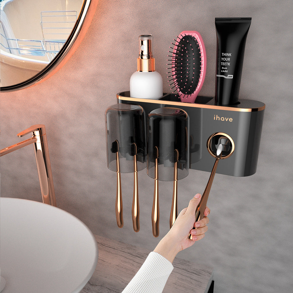 Wall Mounted Bathroom Decor Toothbrush Holders Storage Bathroom Accessories with Toothpaste Dispenser