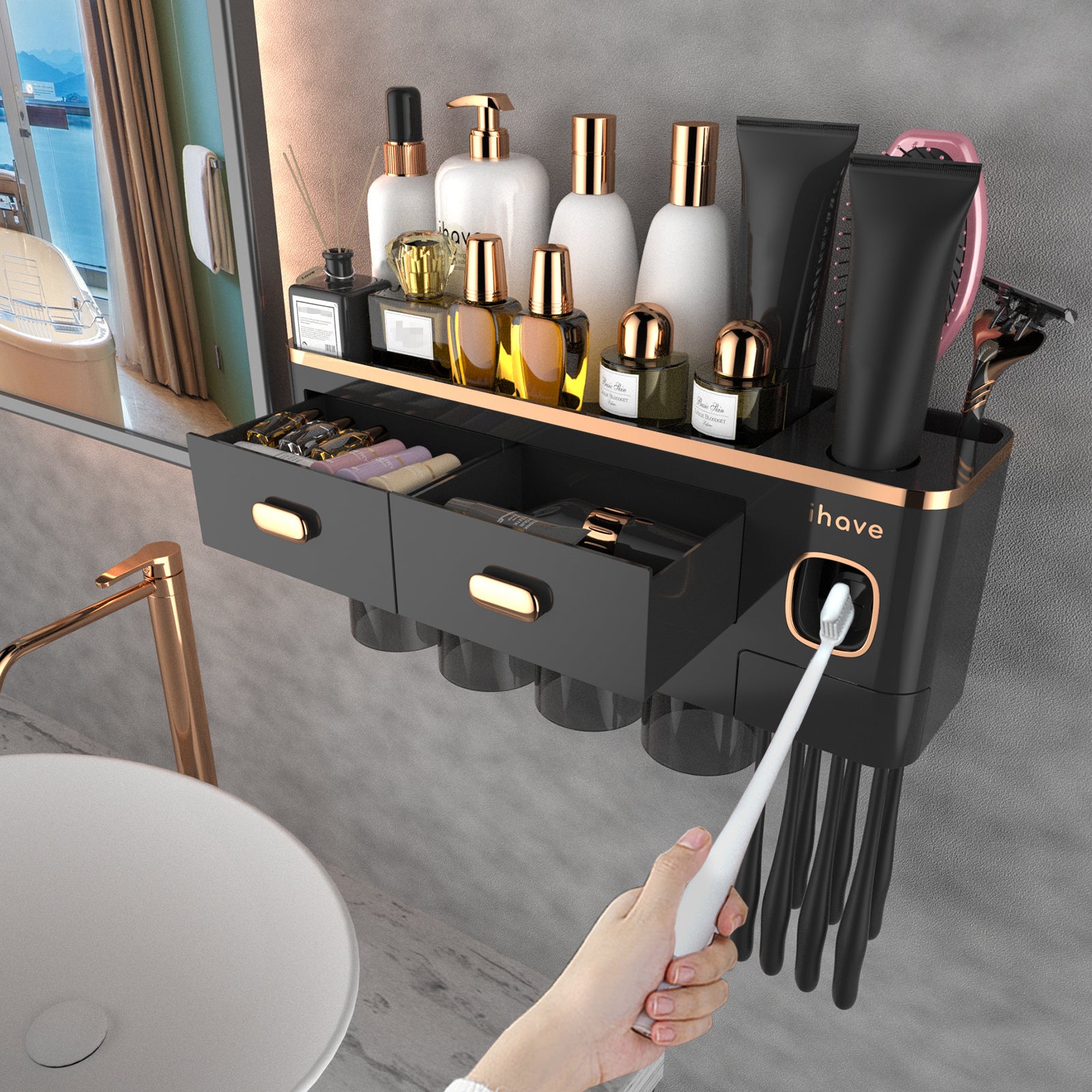 Luxury Black and Gold Design Toothbrush Holders Wall Mounted with Toothpaste Dispenser Large-capacity Storage Drawer for Bathroom Decor