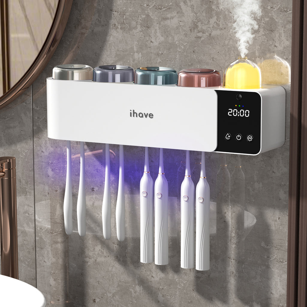 UV Toothbrush Holder Sanitizer Aromatherapy Diffuser IR Night Light Wall Mount Auto-Cycle 99.99% Sterilization Rate Intelligent