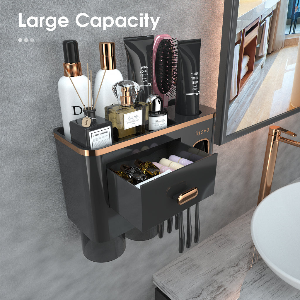 Elegant Black and Gold Toothbrush Holder for Bathroom Wall Mounted – Automatic Toothpaste Dispenser, Large Storage Drawer, Rustproof & No Drill – Perfect Bathroom Decor Gift Set with 2 Magnetic Cups