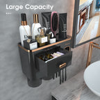 Elegant Black and Gold Toothbrush Holder for Bathroom Wall Mounted – Automatic Toothpaste Dispenser, Large Storage Drawer, Rustproof & No Drill – Perfect Bathroom Decor Gift Set with 2 Magnetic Cups