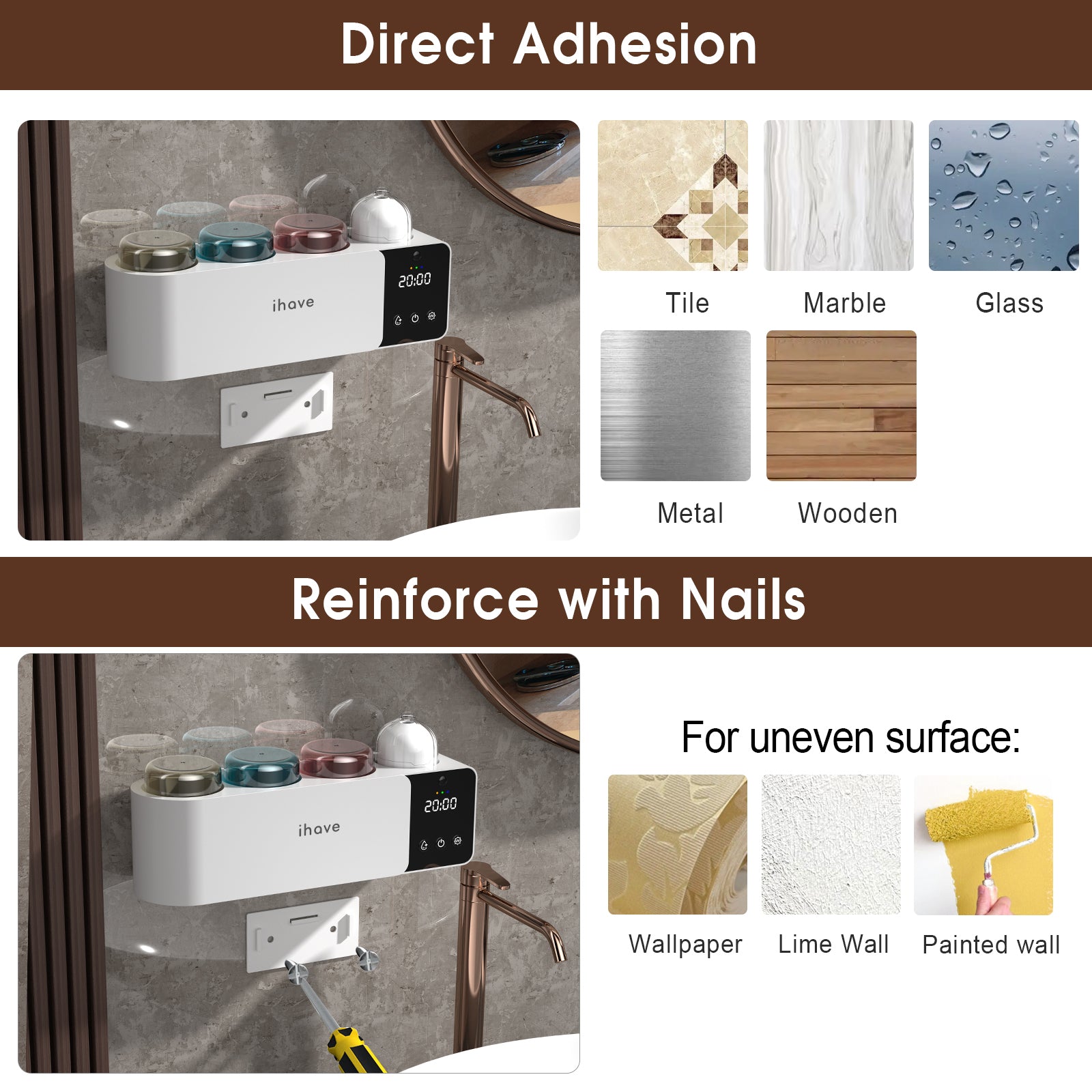 UV Toothbrush Holder Sanitizer Aromatherapy Diffuser IR Night Light Wall Mount Auto-Cycle 99.99% Sterilization Rate Intelligent