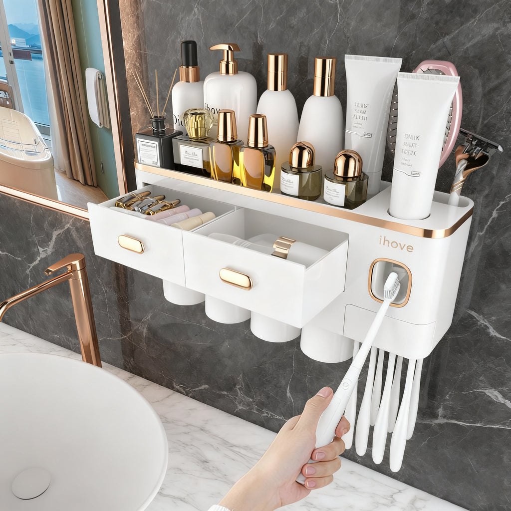 Elegant Black and Gold Toothbrush Holder for Bathroom Wall Mounted – Automatic Toothpaste Dispenser, Large Storage Drawer, Rustproof & No Drill – Perfect Bathroom Decor Gift Set with 2 Magnetic Cups