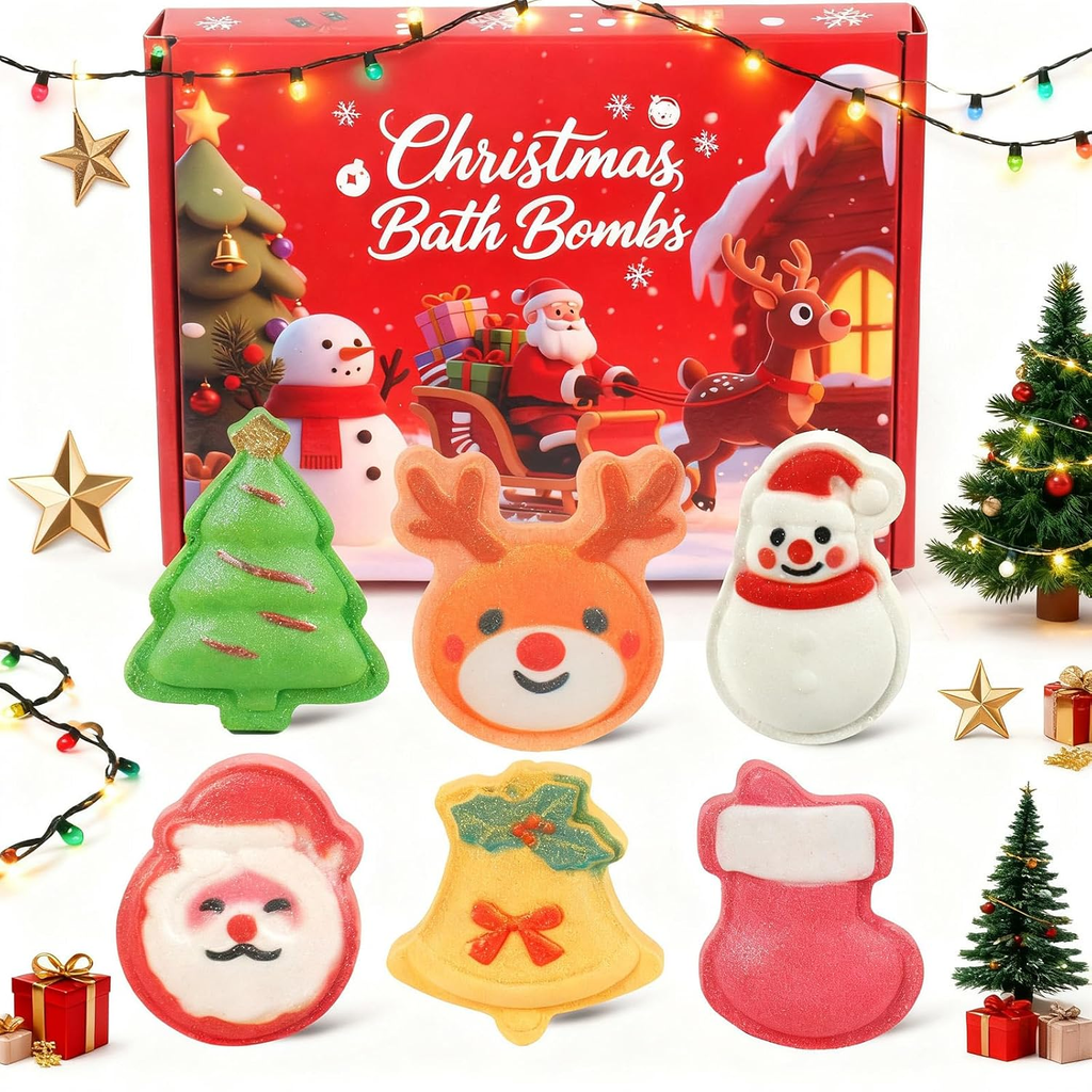 Christmas Bath Bombs for Kids/ 6 Festive Shapes,/Stocking Stuffer Gift Set