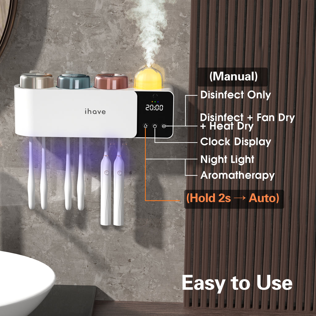 UV Toothbrush Holder Sanitizer Aromatherapy Diffuser IR Night Light Wall Mount Auto-Cycle 99.99% Sterilization Rate Intelligent