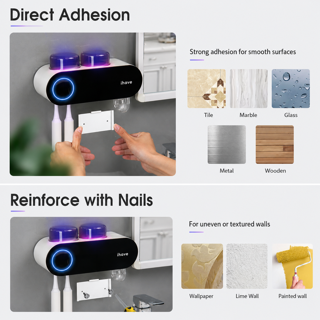 Household Toothbrush Sanitizers Wall Mounted Electric Smart UV Toothbrush Holders（F11） with Toothpaste Dispenser