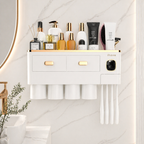 Elegant Black and Gold Toothbrush Holder for Bathroom Wall Mounted – Automatic Toothpaste Dispenser, Large Storage Drawer, Rustproof & No Drill – Perfect Bathroom Decor Gift Set with 2 Magnetic Cups