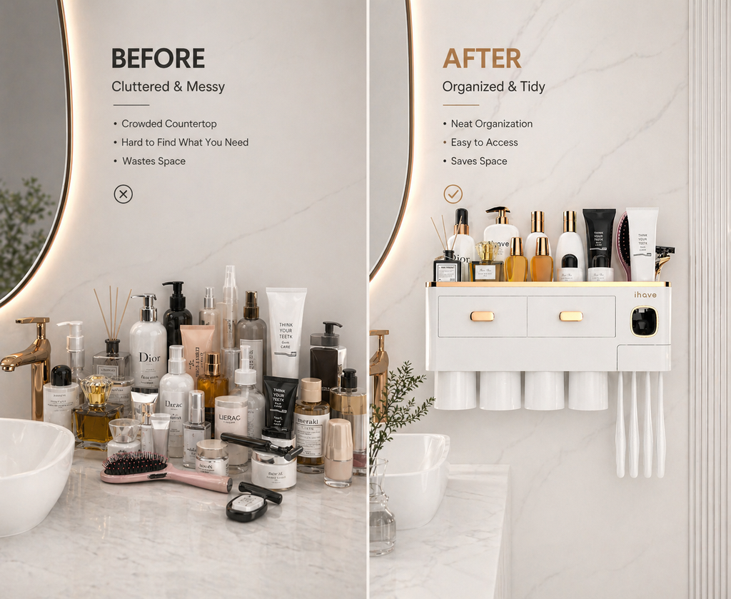 Elegant Black and Gold Toothbrush Holder for Bathroom Wall Mounted – Automatic Toothpaste Dispenser, Large Storage Drawer, Rustproof & No Drill – Perfect Bathroom Decor Gift Set with 2 Magnetic Cups