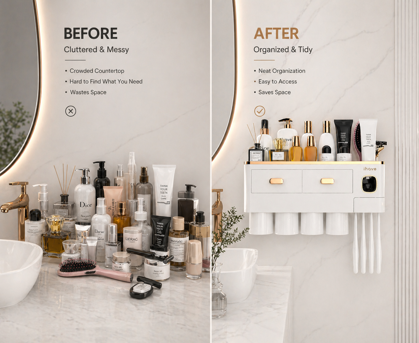 Elegant Black and Gold Toothbrush Holder for Bathroom Wall Mounted – Automatic Toothpaste Dispenser, Large Storage Drawer, Rustproof & No Drill – Perfect Bathroom Decor Gift Set with 2 Magnetic Cups