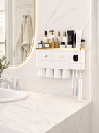 Elegant Black and Gold Toothbrush Holder for Bathroom Wall Mounted – Automatic Toothpaste Dispenser, Large Storage Drawer, Rustproof & No Drill – Perfect Bathroom Decor Gift Set with 2 Magnetic Cups