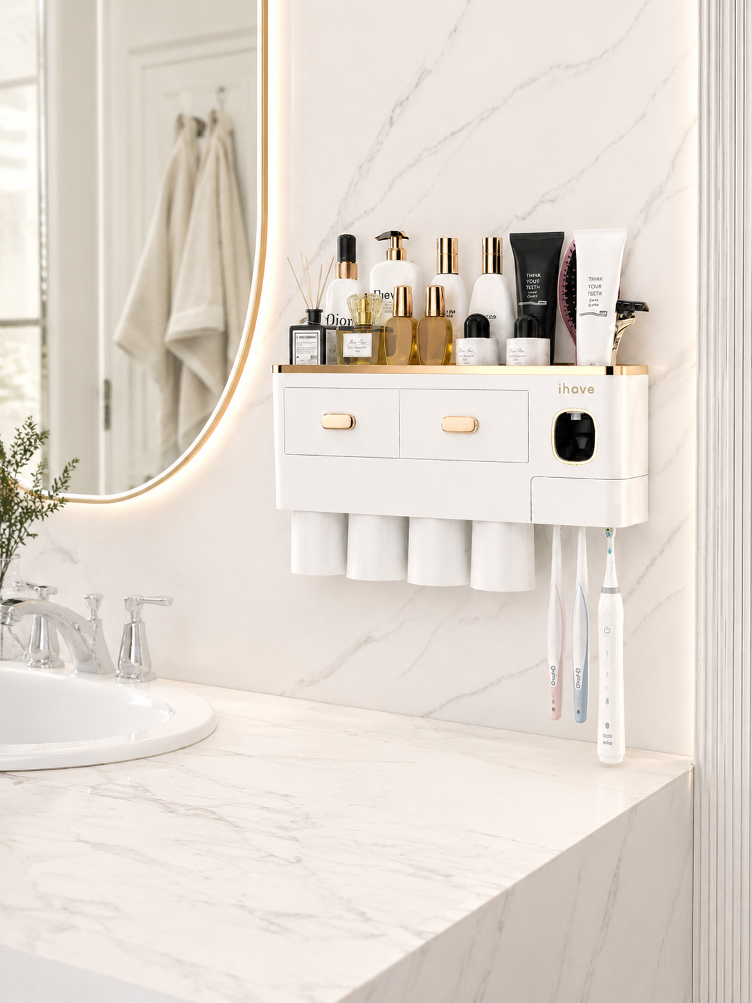 Elegant Black and Gold Toothbrush Holder for Bathroom Wall Mounted – Automatic Toothpaste Dispenser, Large Storage Drawer, Rustproof & No Drill – Perfect Bathroom Decor Gift Set with 2 Magnetic Cups