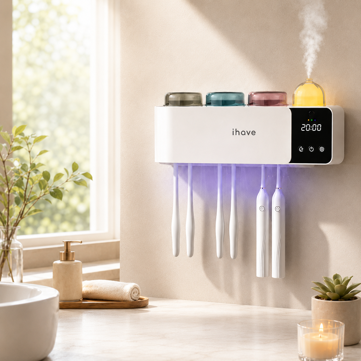 UV Toothbrush Holder Sanitizer Aromatherapy Diffuser IR Night Light Wall Mount Auto-Cycle 99.99% Sterilization Rate Intelligent